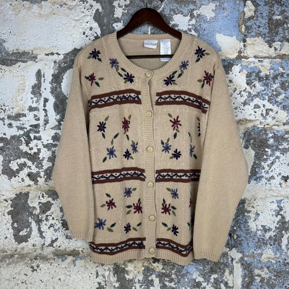 Vintage Bobbie Brooks Cardigan Sweater Womens Medium Tan Floral Embroidered